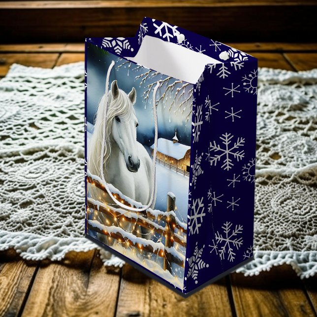 Sac Cadeau Moyen Jolie ferme festive de Cheval Blanc Noël (Créateur téléchargé)