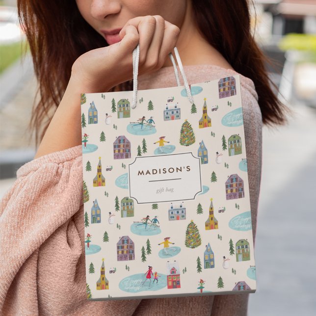 Sac Cadeau Moyen Jolie maison d'hiver Village Scène Noël (Cute Winter House Village Scene Christmas Medium Gift Bag)