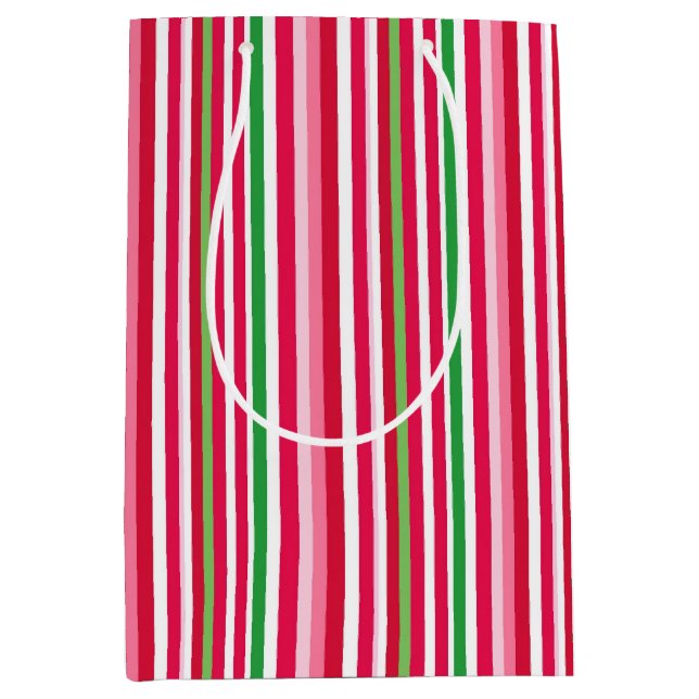 Sac Cadeau Moyen Jolie rayures rose, verte et rouge (Devant)