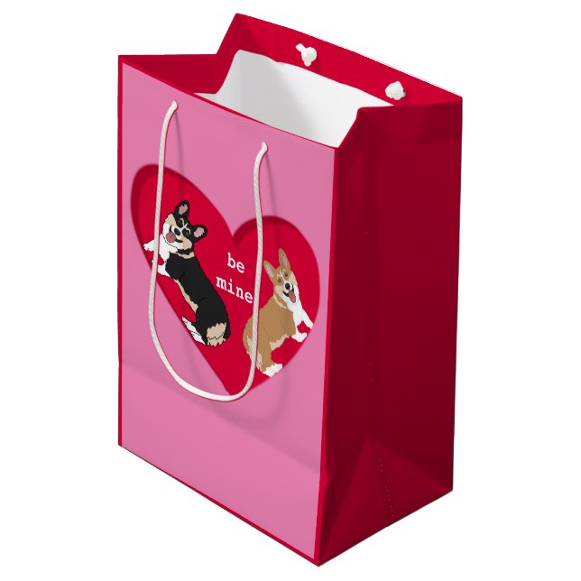 Sac Cadeau Moyen Jour des Valentines Corgi  (Devant Angle)