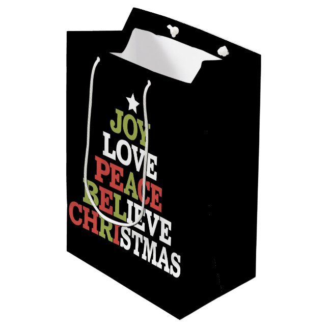 Sac Cadeau Moyen Joy Love Peace Believe Christmas Tree Family (Devant Angle)
