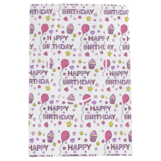 Sac Cadeau Moyen Joyeuse fille d'anniversaire rose et jaune (Devant)