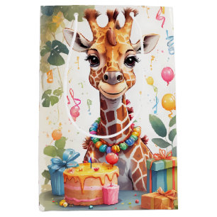 Sac Cadeau Moyen Joyeuse Giraffe avec cadeaux et gâteau  