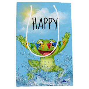 Sac Cadeau Moyen Joyeuse Grenouille D'Anniversaire Dans L'Eau