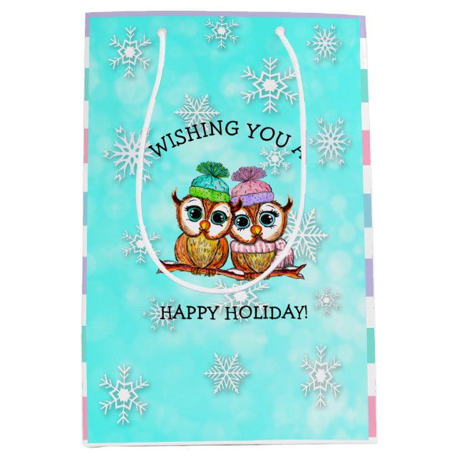 Sac Cadeau Moyen Joyeuses fêtes, Chouettes festives avec des flocon (Devant)