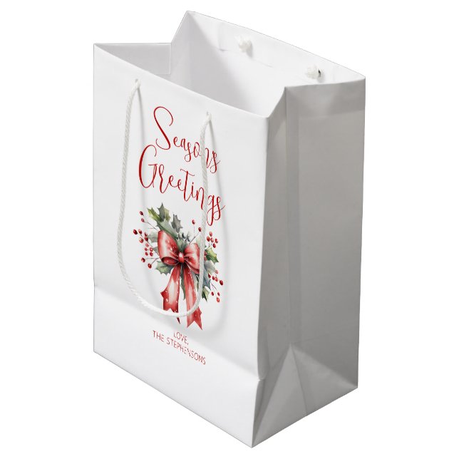Sac Cadeau Moyen Joyeuses Fêtes moderne Script Holly Nom de la bow (Devant Angle)
