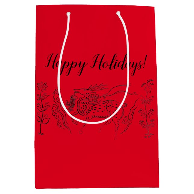 Sac Cadeau Moyen Joyeuses fêtes ! Renne sur rouge (Devant)
