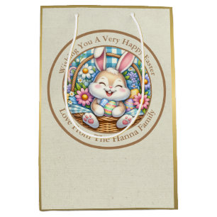 Sac Cadeau Moyen Joyeuses Pâques avec un lapin mignon, des œufs et