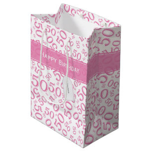 Sac Cadeau Moyen Joyeux 50e anniversaire Numéro Motif rose/blanc