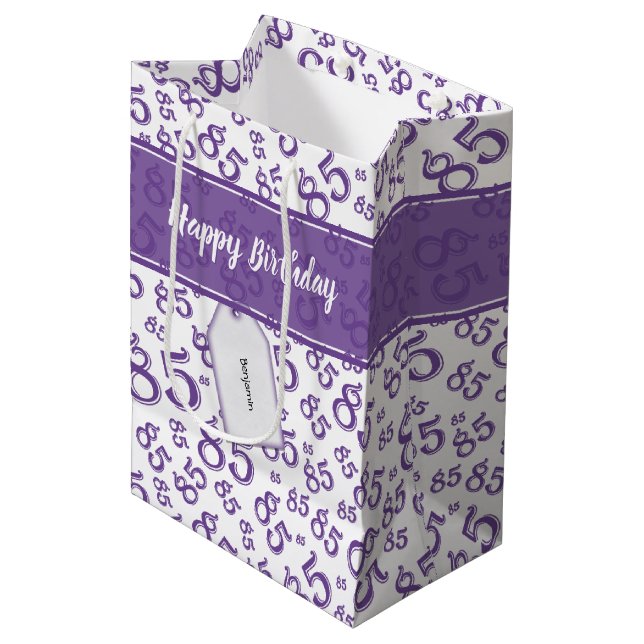 Sac Cadeau Moyen Joyeux 85e anniversaire Numéro Motif violet/blanc (Devant Angle)