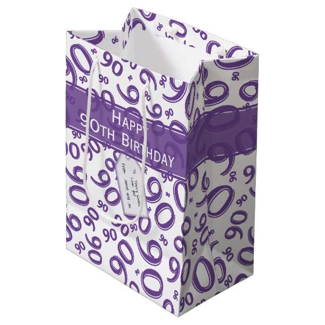 Sac Cadeau Moyen Joyeux 90ème Motif de nombres aléatoires violet/bl (Devant Angle)
