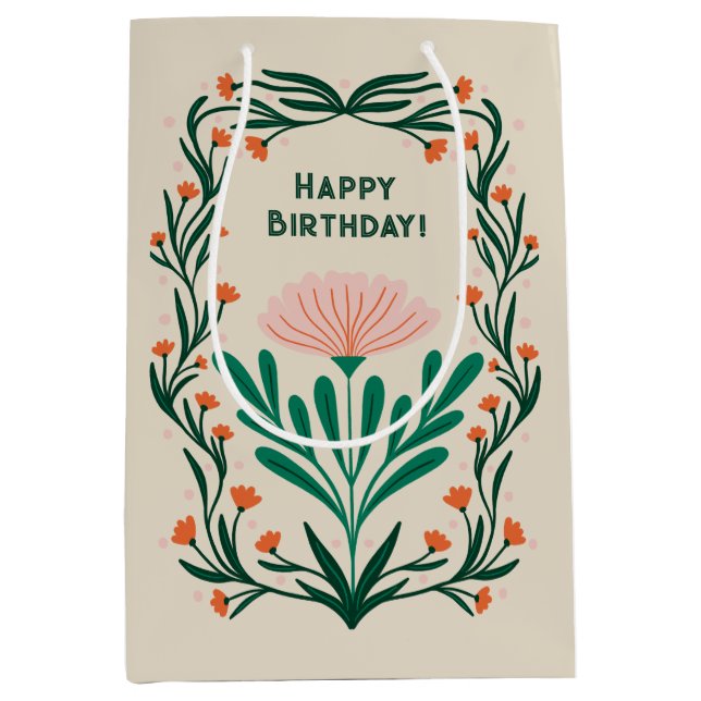 Sac Cadeau Moyen Joyeux Anniversaire cadre floral élégant (Devant)