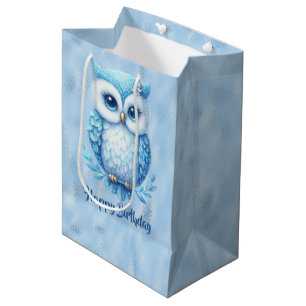 Sac Cadeau Moyen Joyeux Anniversaire Chouette Bleue sur Bleu