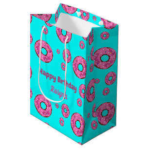Sac Cadeau Moyen Joyeux anniversaire crème rose beignets bleu
