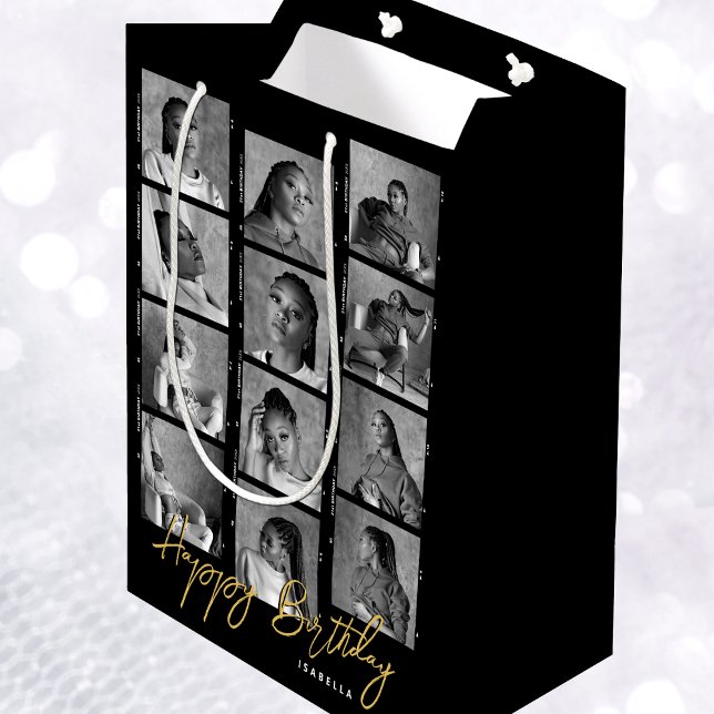 Sac Cadeau Moyen Joyeux Anniversaire Custom Photo Strip Black (Créateur téléchargé)