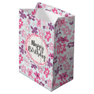 Sac Cadeau Moyen Joyeux anniversaire Fleurs roses et Coeurs Bleus