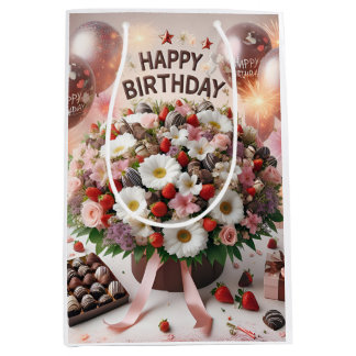 Sac Cadeau Moyen Joyeux anniversaire, fraises au chocolat, par Nata