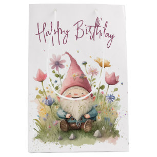 Sac Cadeau Moyen Joyeux Anniversaire Gnome En Fleurs