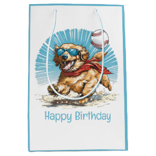 Sac Cadeau Moyen Joyeux Anniversaire Golden Retriever Jouant Au Bas