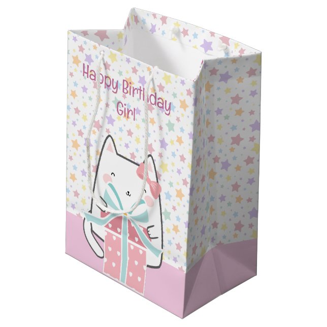 Sac Cadeau Moyen Joyeux anniversaire Kawaii Chat avec boîte cadeau (Dos Angle)