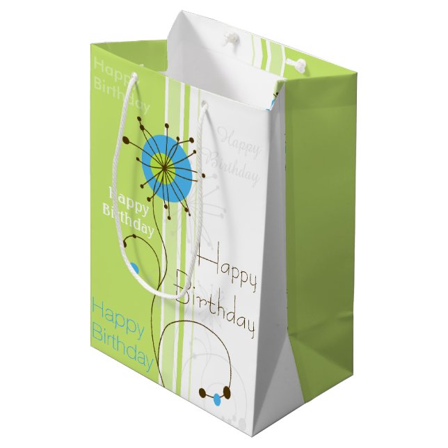 Sac Cadeau Moyen Joyeux Anniversaire Moderne Fleur Vert simple (Devant Angle)