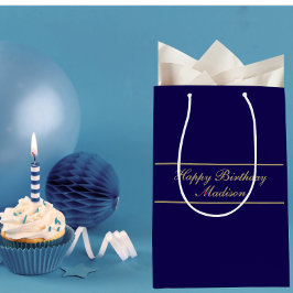 Sac Cadeau Moyen Joyeux Anniversaire Nom Script Bleu Or