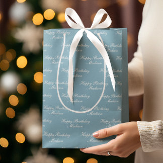 Sac Cadeau Moyen Joyeux Anniversaire Nom Script Bleu Poussiéreux