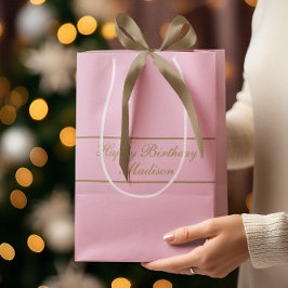 Sac Cadeau Moyen Joyeux Anniversaire Nom Script Poudre Rose Or