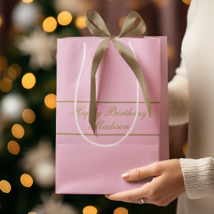 Sac Cadeau Moyen Joyeux Anniversaire Nom Script Poudre Rose Or