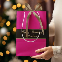 Sac Cadeau Moyen Joyeux Anniversaire Nom Script Rose Noir Or