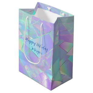 Sac Cadeau Moyen Joyeux Anniversaire, Nom, Turquoise & Purple Iride