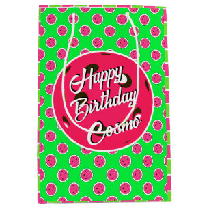 Sac Cadeau Moyen Joyeux Anniversaire Pickleball Pink Balls sur Vert
