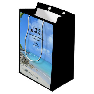 Sac Cadeau Moyen Joyeux Anniversaire sur une Belle Plage Tropicale