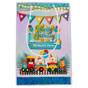 Sac Cadeau Moyen Joyeux Anniversaire Train Avec Vœux Animaux Mignon