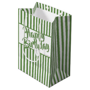 Sac Cadeau Moyen Joyeux Anniversaire Vert/Blanc Simple Stripes Moti