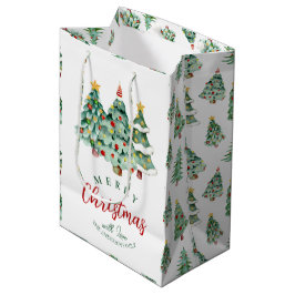 Sac Cadeau Moyen Joyeux arbre de Noël motif blanc vert hiver