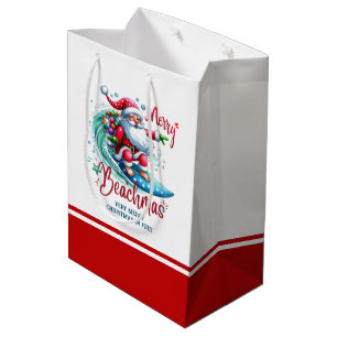 Sac Cadeau Moyen Joyeux Beachmas Père Noël Surfing Retro Design