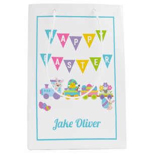 Sac Cadeau Moyen Joyeux Bunny Train de Pâques bleu moyen