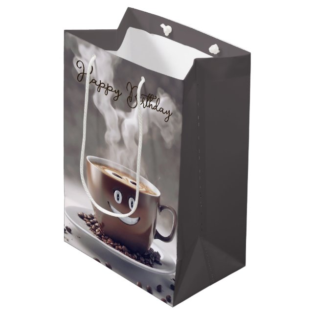 Sac Cadeau Moyen Joyeux Café D'Anniversaire Avec Sourire (Devant Angle)