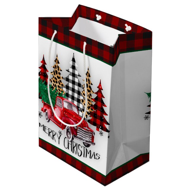 Sac Cadeau Moyen Joyeux camion de Noël et arbres (Dos Angle)