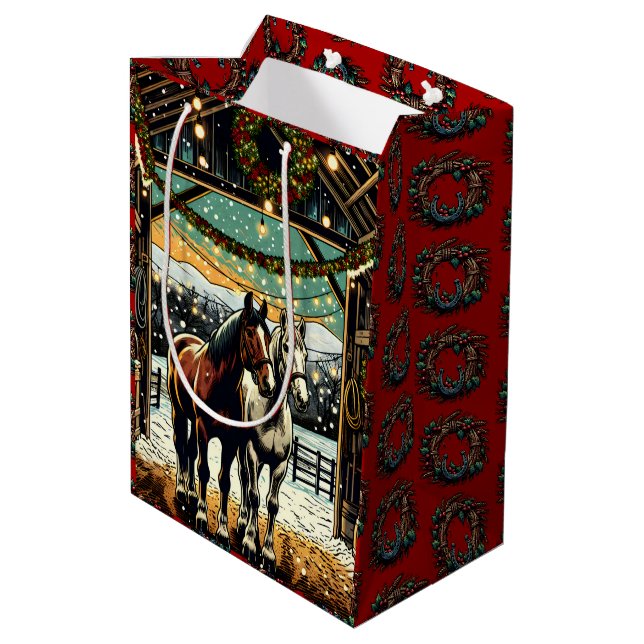 Sac Cadeau Moyen Joyeux Chevaux de Cartoon de Noël (Dos Angle)