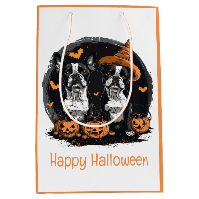 Sac Cadeau Moyen Joyeux Chiens de Boston Terrier Halloween (Devant)