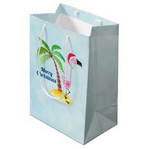 Sac Cadeau Moyen Joyeux Flamant rose rose de Noël à Santa Hat