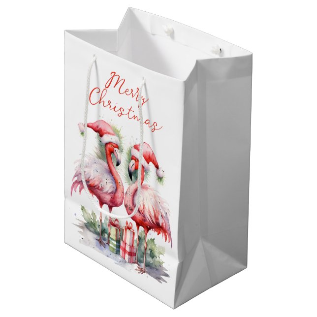 Sac Cadeau Moyen Joyeux Flamants roses roses de Noël (Devant Angle)