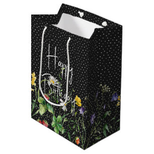 Sac Cadeau Moyen Joyeux Fleurs sauvages d'anniversaire en Pois