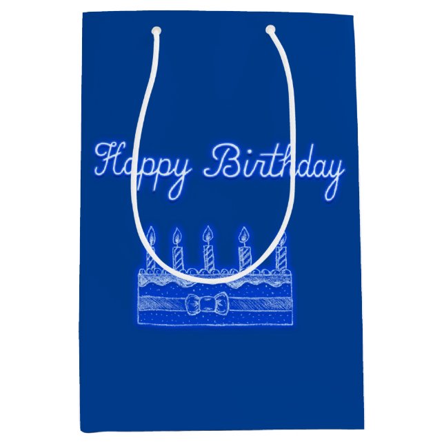 Sac Cadeau Moyen Joyeux gâteau d'anniversaire Neon Bleu Signet Text (Devant)