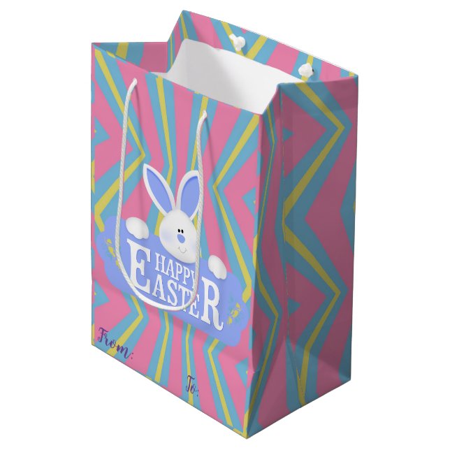 Sac Cadeau Moyen Joyeux Lapin de Pâques Floral (Devant Angle)