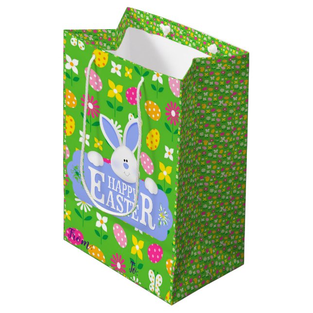 Sac Cadeau Moyen Joyeux Lapin de Pâques Floral (Devant Angle)