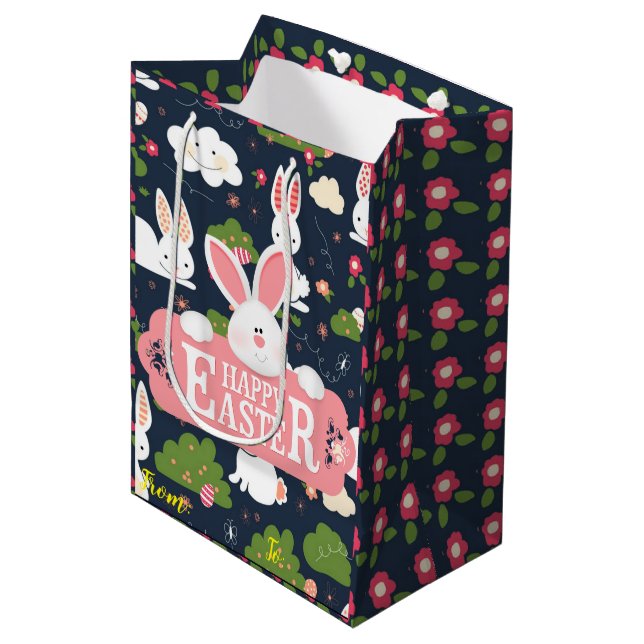 Sac Cadeau Moyen Joyeux Lapin de Pâques Floral (Devant Angle)