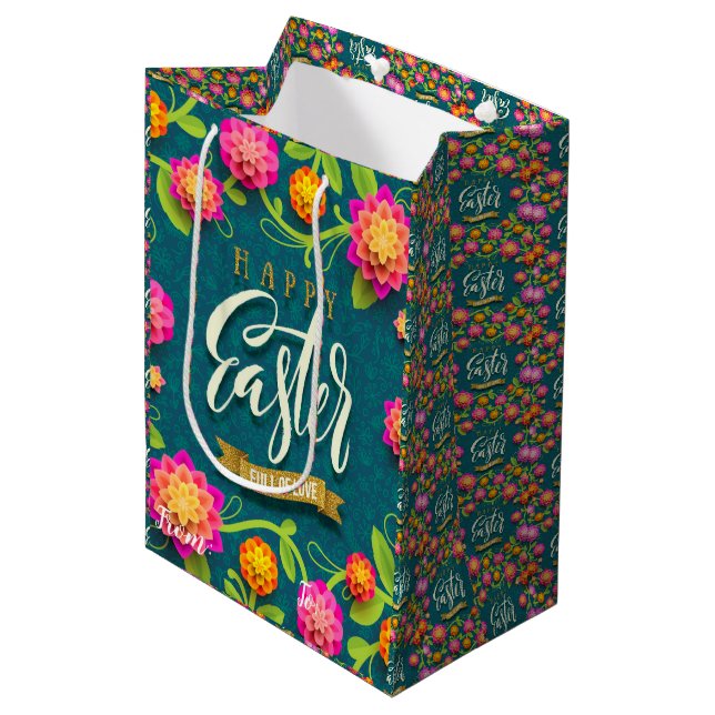 Sac Cadeau Moyen Joyeux Lapin de Pâques Floral (Devant Angle)
